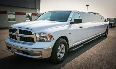 image of 16 passenger Dodge Ram stretched limousine exterior front driver side
