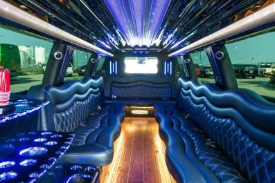 image of 16 passenger Dodge Ram stretched limousine interior from rear passenger side bench