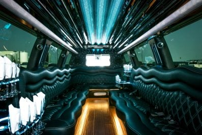 image of 16 passenger Dodge Ram stretched limousine exterior front driver side