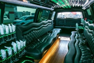 image of 16 passenger Dodge Ram stretched limousine exterior passenger side