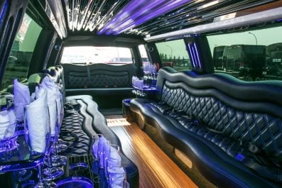 image of 16 passenger Dodge Ram stretched limousine exterior front passenger side