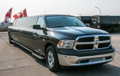 image of 16 passenger Dodge Ram stretched limousine exterior front driver side