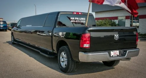 image of 16 passenger Dodge Ram stretched limousine exterior front driver side