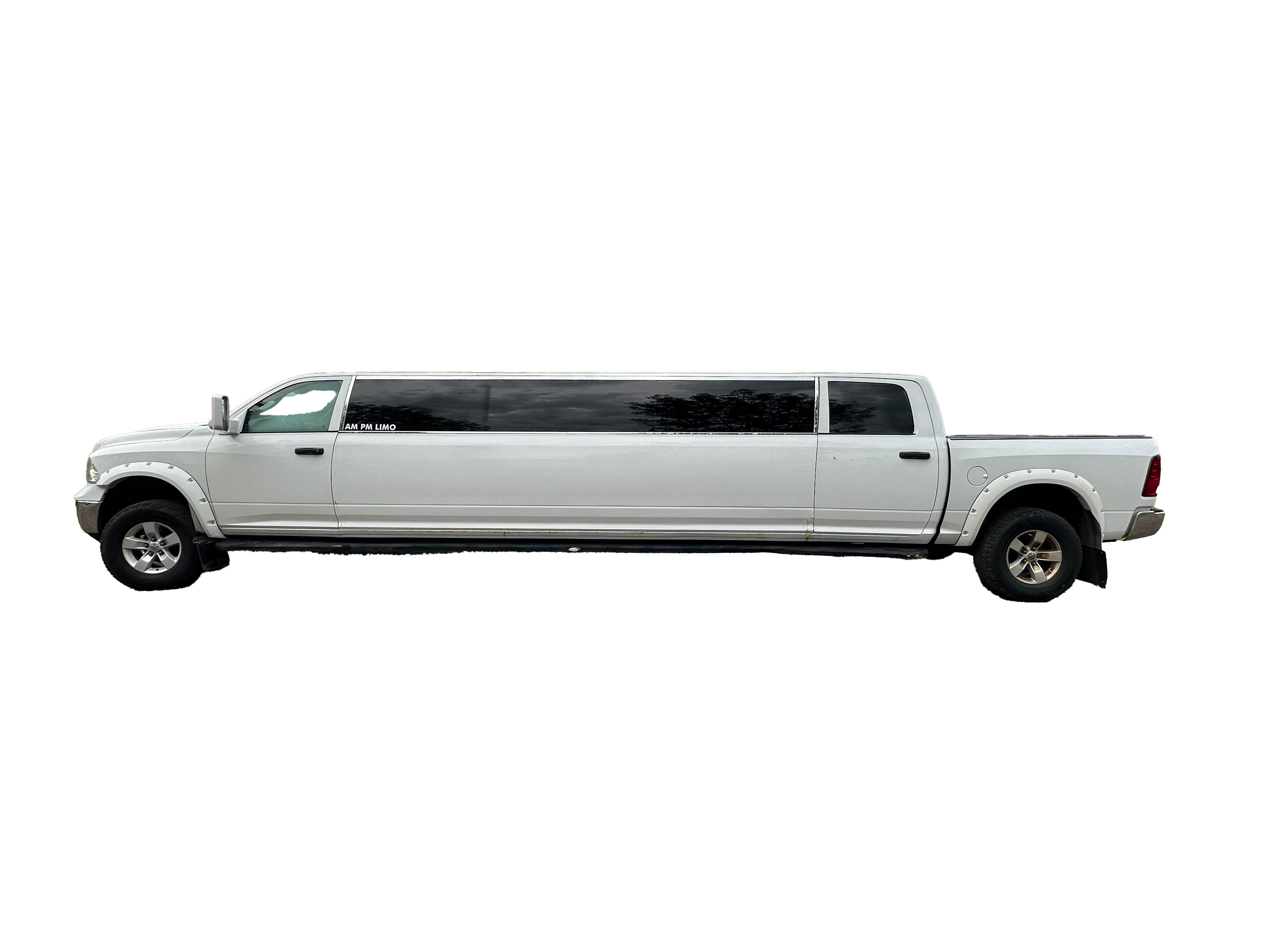 image of 16 passenger white Dodge Ram stretched limousine