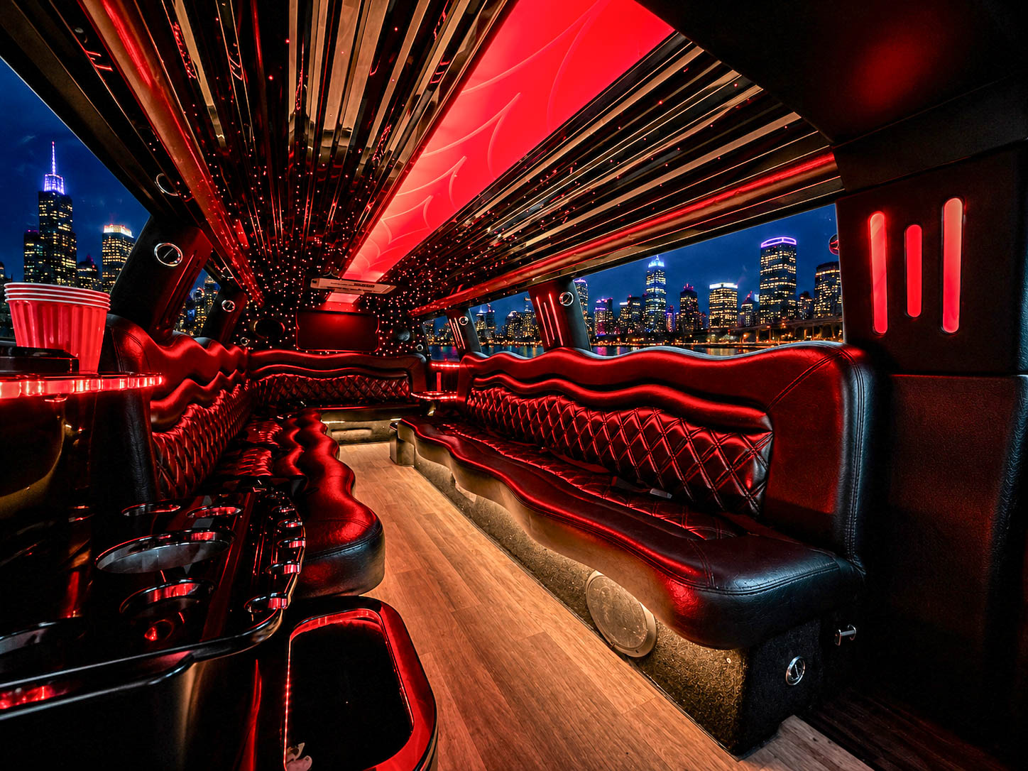 image of 16 passenger white Dodge Ram stretched limousine