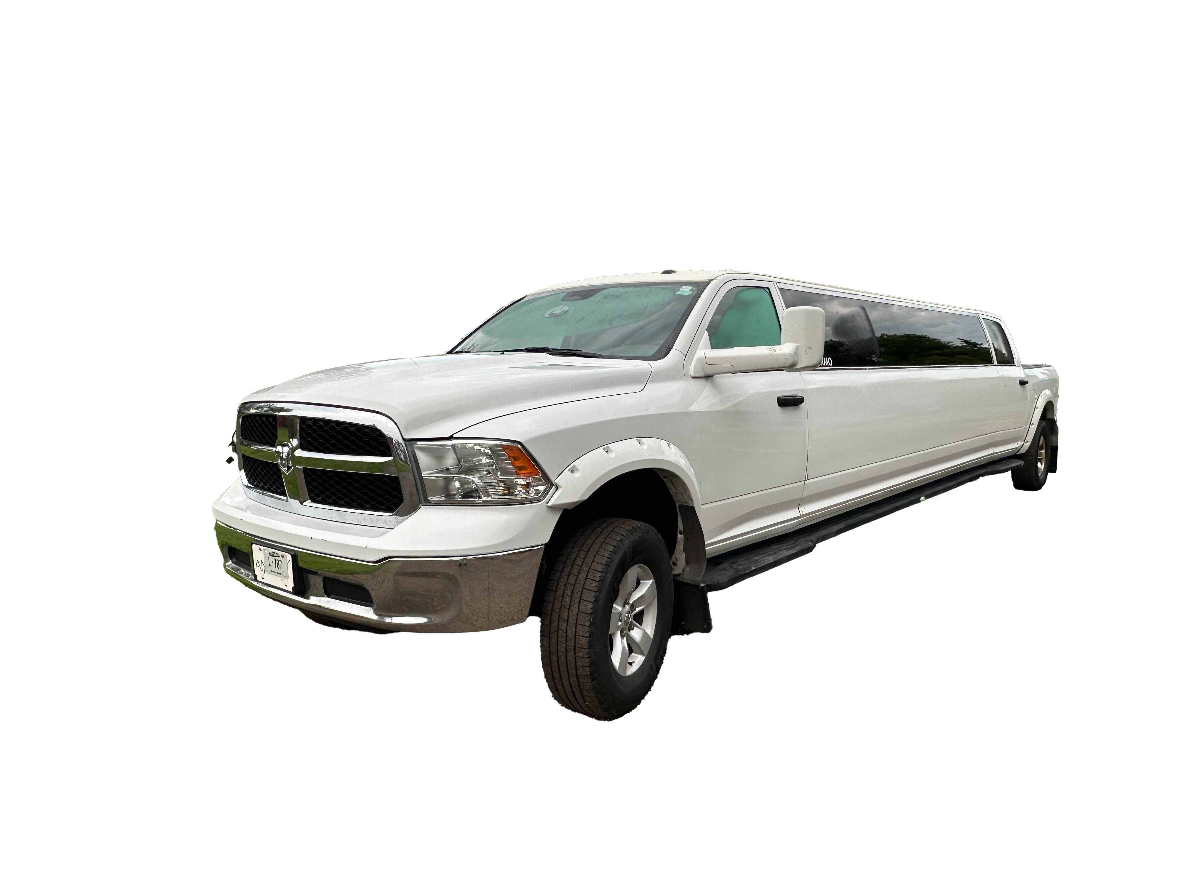 image of 16 passenger white Dodge Ram stretched limousine