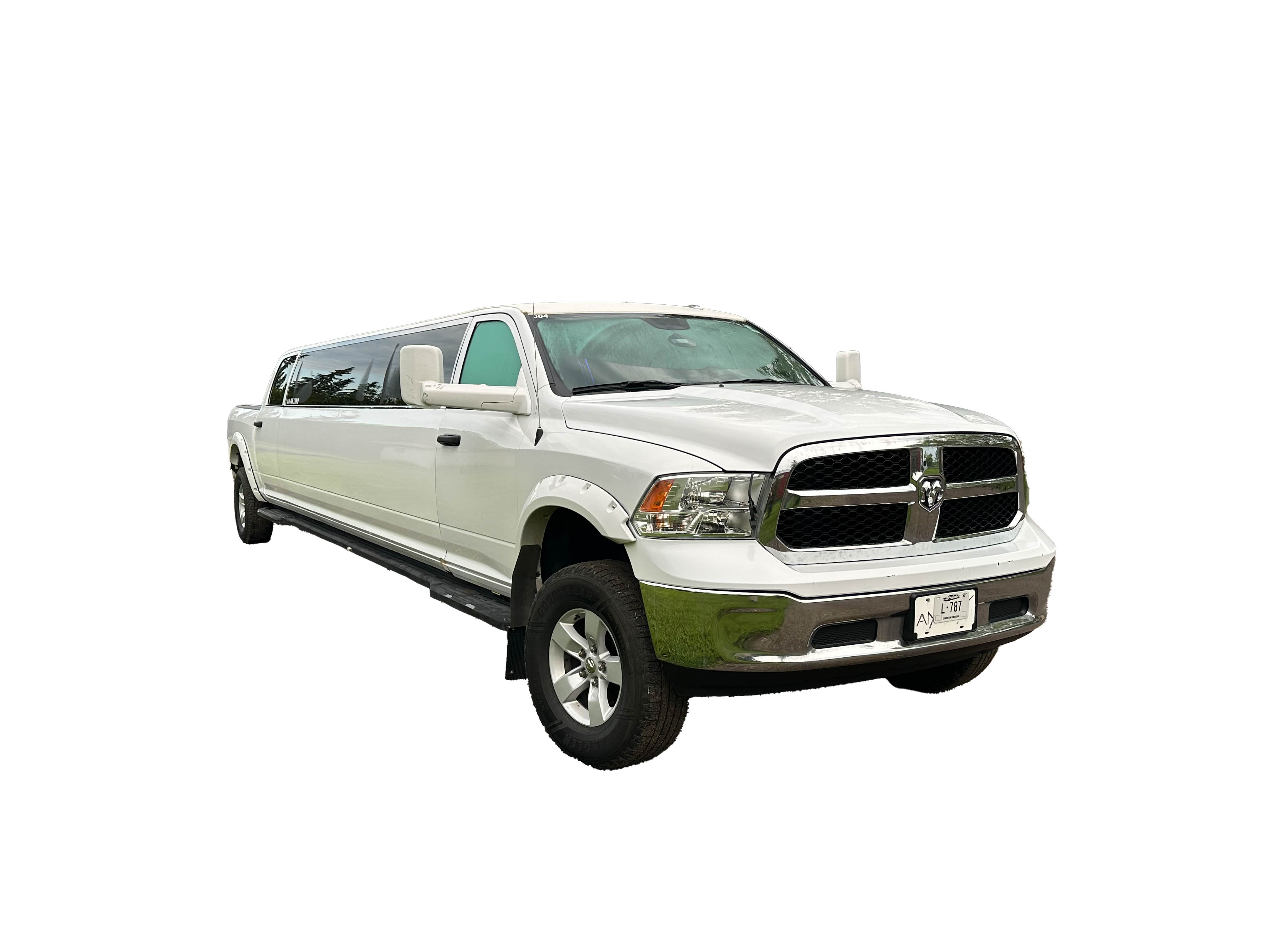 image of 16 passenger white Dodge Ram stretched limousine