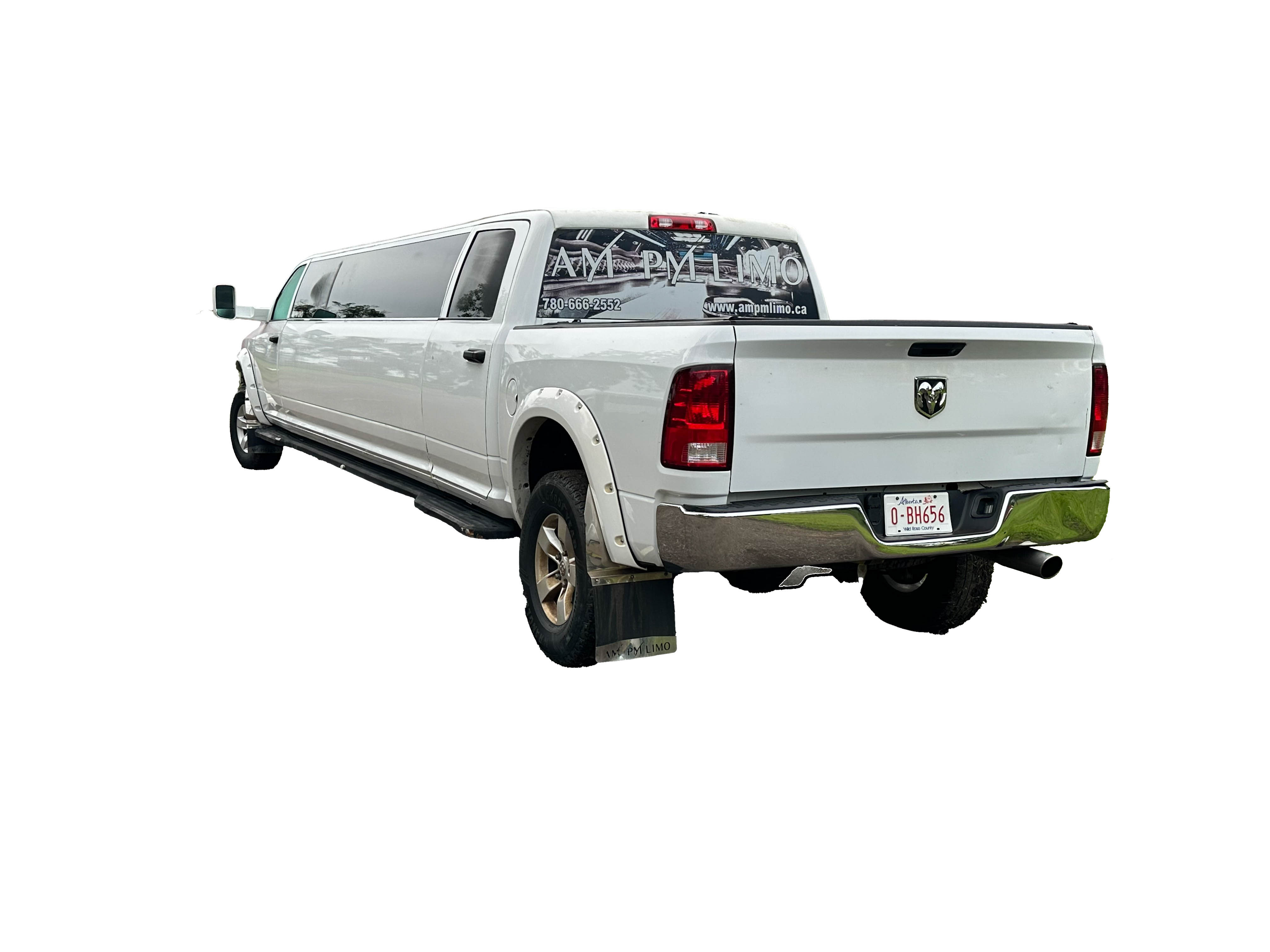 image of 16 passenger white Dodge Ram stretched limousine