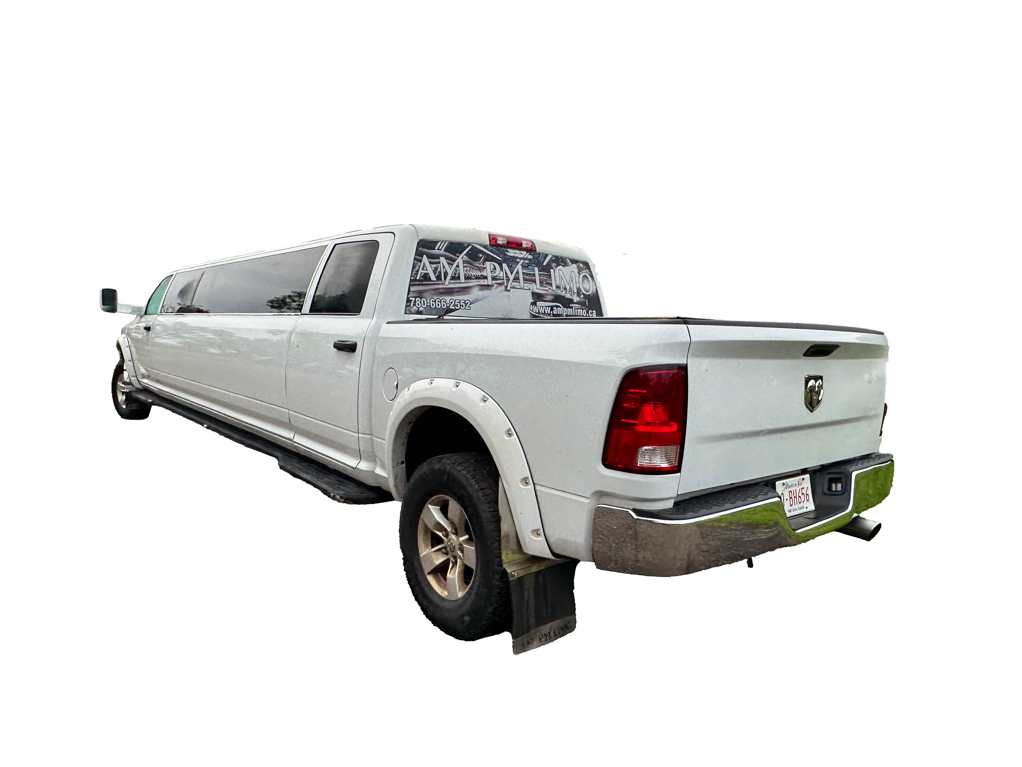 image of 16 passenger white Dodge Ram stretched limousine