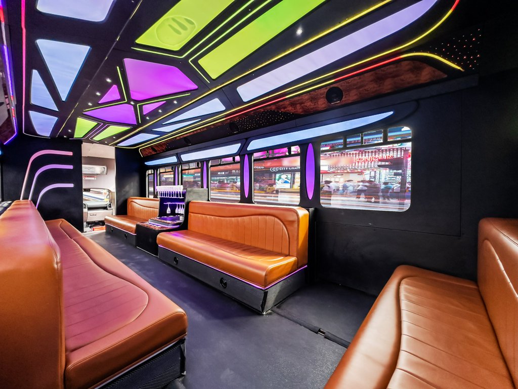 image of 28 passenger Party Bus interior taken from the front