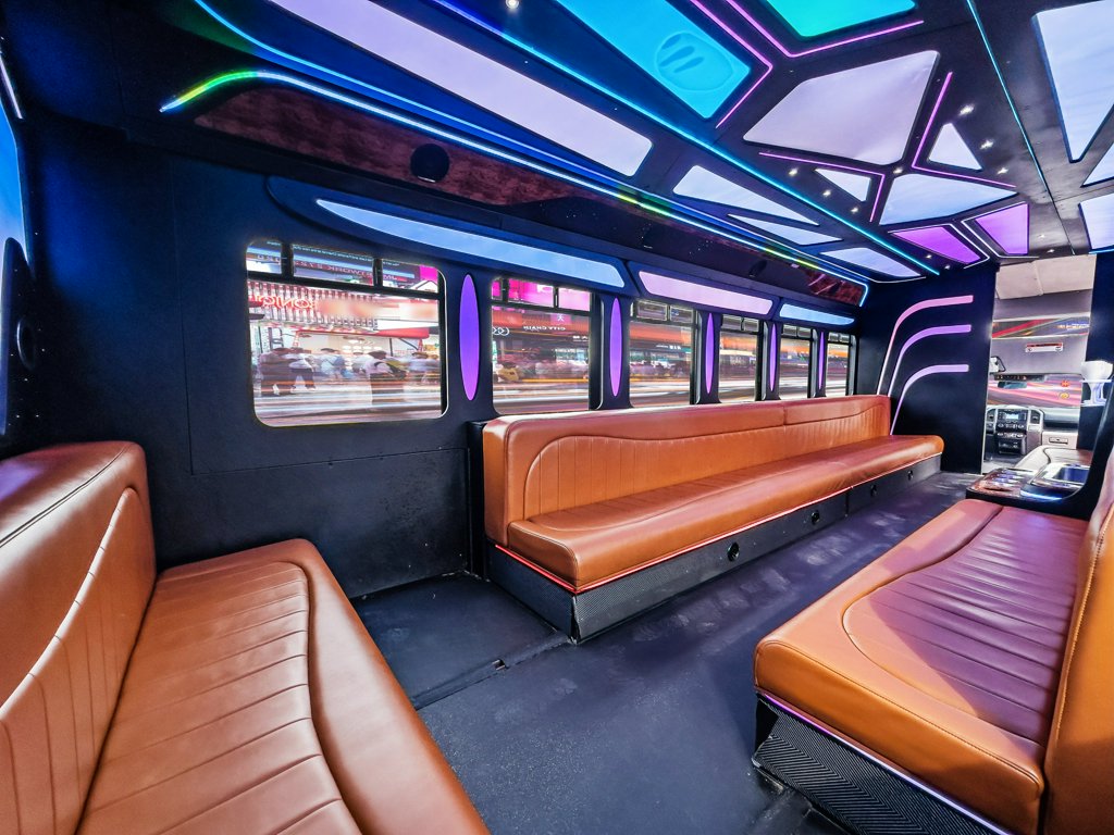 image of 28 passenger Party Bus interior taken from the back of the bus