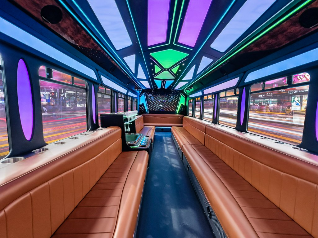 image of 28 passenger Party Bus interior taken from middle of front passenger side bench seat