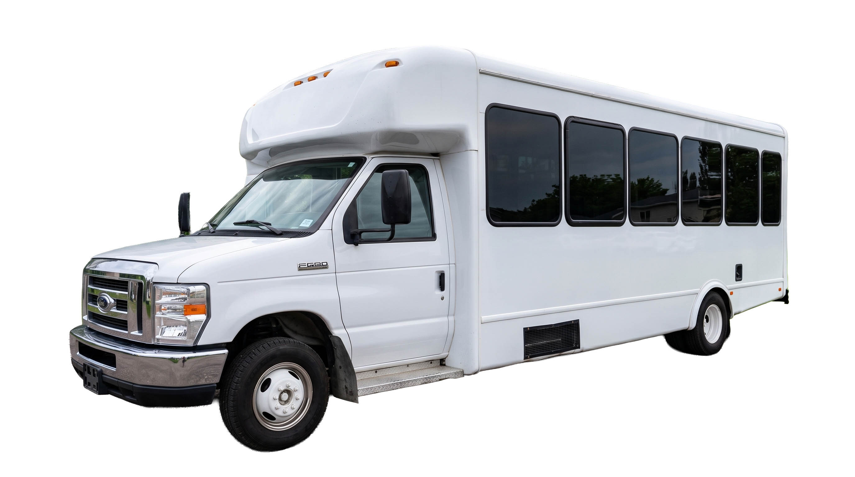 image of 28 passenger white Party Bus exterior front passenger side