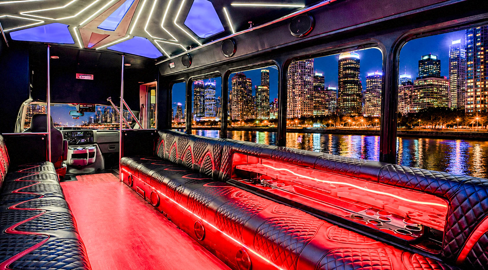 image of 28 passenger white Party Bus interior taken from the front